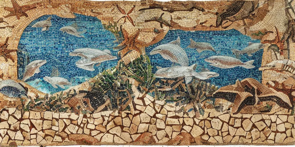 Prompt: roman mosaic on cave wall of sea with dolphins and starfishes, realistic, detailed