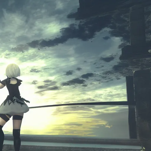 Prompt: 2B from NieR Automata looking at a sundown