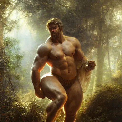 Prompt: handsome portrait of a minotaur bodybuilder posing, radiant light, caustics, war hero, surrounded by forest, by gaston bussiere, bayard wu, greg rutkowski, giger, maxim verehin