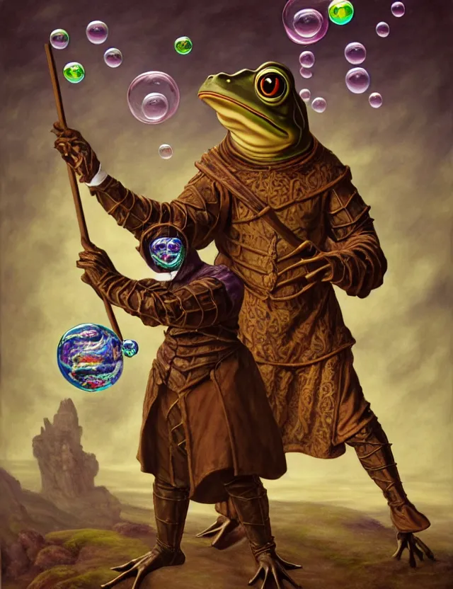 Image similar to anthropomorphic bipedal frog that is dressed as a renaissance fighter, and holding a staff, as a matte oil painting and d & d character art, by alex grey, standing, fullbody, floating bubbles, mystic, fog, fractals, spirals, concept art, award - winning, extremely detailed, sharp focus