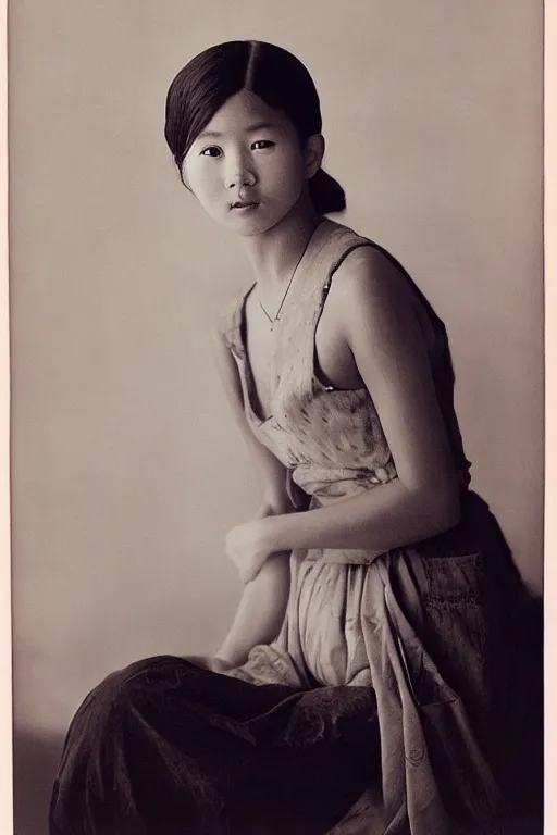 Image similar to ultra realistic vintage photo portrait of a asian girl, by Annie Leibovitz,