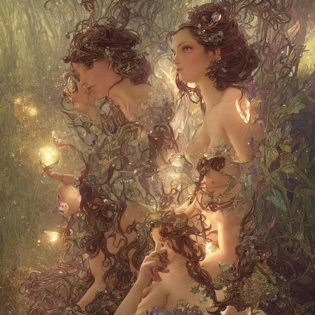 Image similar to a beautiful fairy next to a giant snail with sparkles, D&D, fantasy, intricate, cinematic lighting, highly detailed, digital painting, artstation, concept art, smooth, sharp focus, illustration, art by Terry Moore and Greg Rutkowski and Alphonse Mucha