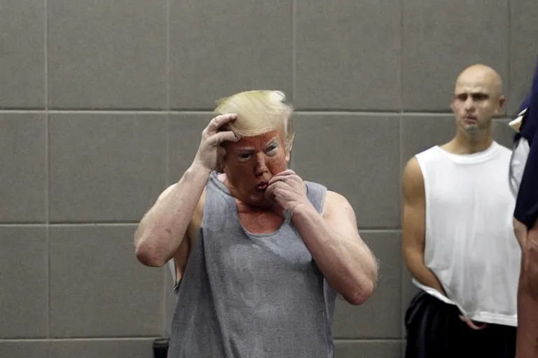 Prompt: Donald Trump in tanktop and sweat pants crying in jail cell, a reuters photo