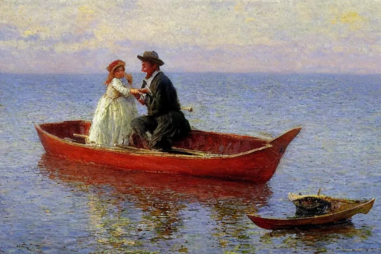 Image similar to new england fisherman, riding in a rowboat with his beautiful victorian daughter, the helping hand by painted by emile renouf,