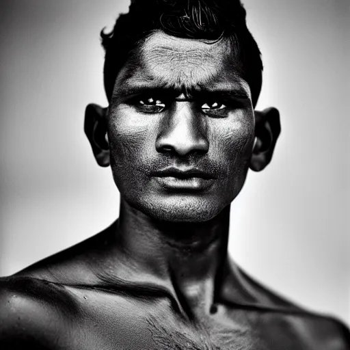 Prompt: close up portrait of indian kushti wrestler by richard avedon, realistic, Leica, medium format, cinematic lighting, parallax, high resolution,