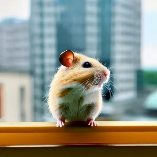 Prompt: a cute hamster on a balcony looking out on the city, low angle camera, cinematic, very detailed, 4 k, depth of field, front light