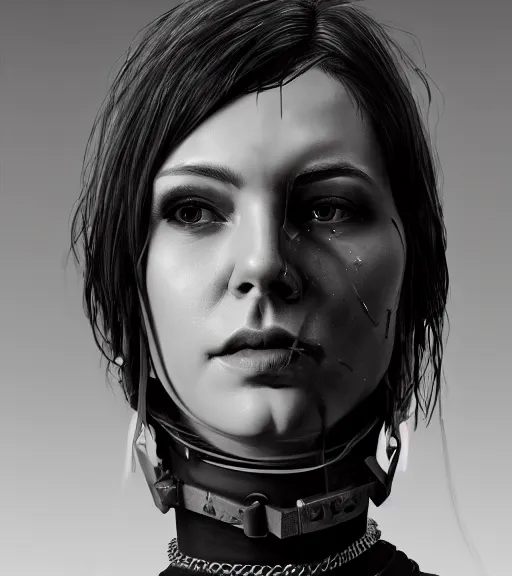 Image similar to detailed realistic female character cyberpunk wearing thick steel collar around neck, realistic, art, beautiful, 4K, collar, choker, collar around neck, punk, artstation, detailed, female, woman, choker, cyberpunk, neon, punk, collar, choker, collar around neck, thick collar, tight around neck, punk, choker