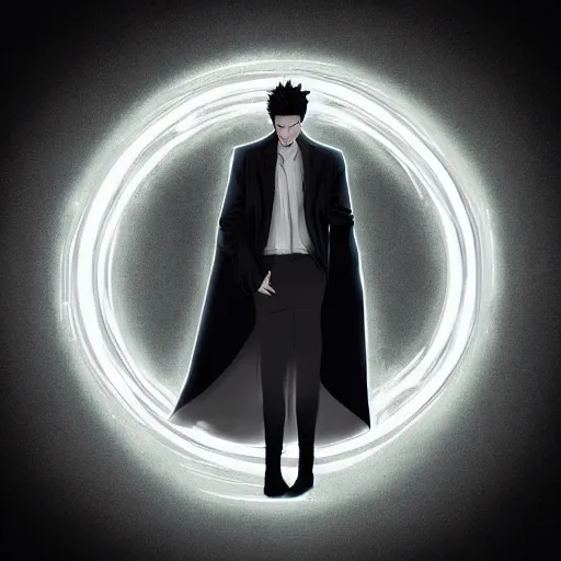 Prompt: an man in a dark longcoat standing on a geometric magic circle in a dramatic pose, anime art