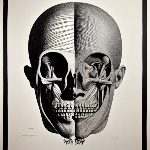 Image similar to head anatomical atlas dissection center cut, lithography on paper conceptual figurative ( post - morden ) monumental dynamic soft shadow portrait drawn by hogarth and escher, inspired by goya, illusion surreal art, highly conceptual figurative art, intricate detailed illustration, controversial poster art, polish poster art, geometrical drawings, no blur