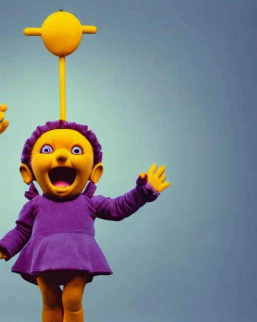 Prompt: a still from a 1 9 9 0 s cgi children's show, teletubbies, children's show character, non - human, menacing, portrait, studio lighting, yelling, film grain, 4 k