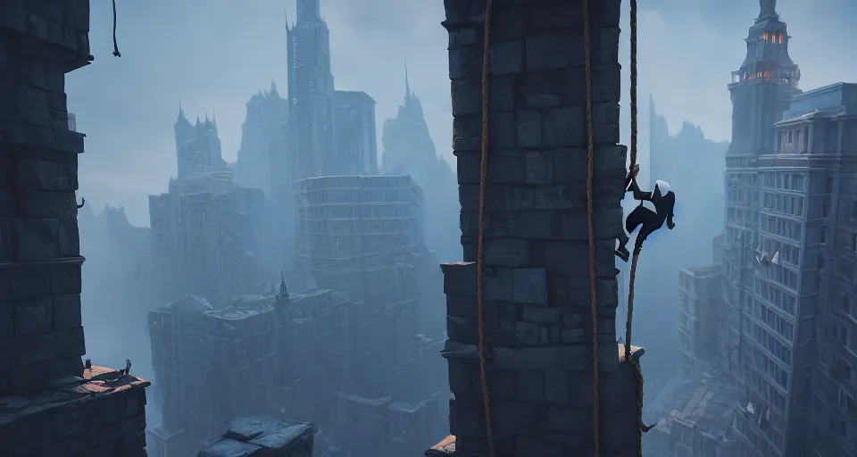 Image similar to an epic fantasy comic book style landscape painting of a hooded thief climbing a tall building with a city using a rope, unreal 5, daz, hyperrealistic, octane render, dynamic lighting