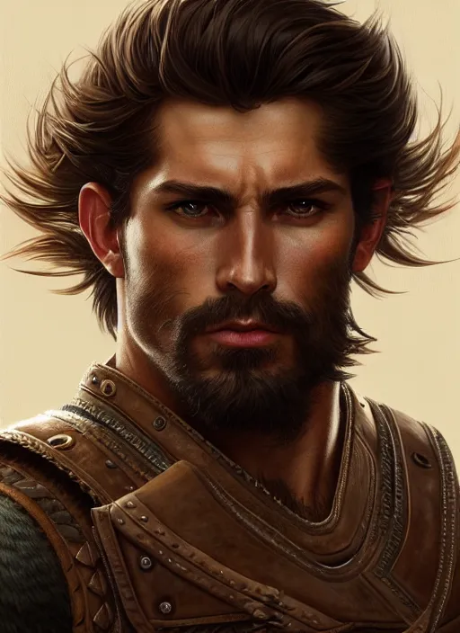 Image similar to portrait of a young ruggedly handsome ranger, muscular, half body, leather, hairy, d & d, fantasy, intricate, elegant, highly detailed, digital painting, artstation, concept art, smooth, sharp focus, illustration, art by artgerm and greg rutkowski and alphonse mucha