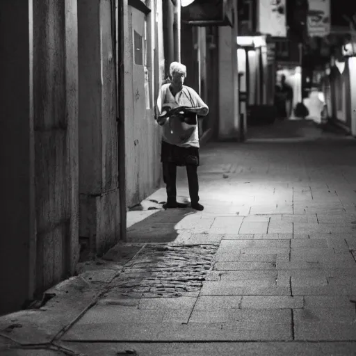 Prompt: lonely old man holding a pizza at night on a city street
