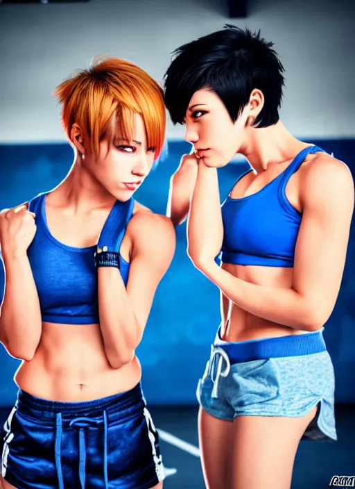 Prompt: two beautiful identical female fighters with short hair facing each other in gym, blue shorts, dim lighting, gorgeous features, high resolution, detailed anime art