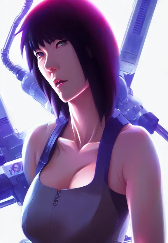 Image similar to a fullbody portrait of motoko kusanagi the major ghost in the shell : : connected to cables, under repairs, maintenance area, technicians : : by ilya kuvshinov, rossdraws, artgerm, sola digital arts, anti aliasing, raytracing : :