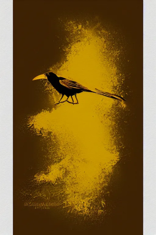 Image similar to beautiful serene smart crow, healing through motion, minimalistic golden ink airbrush painting on white background