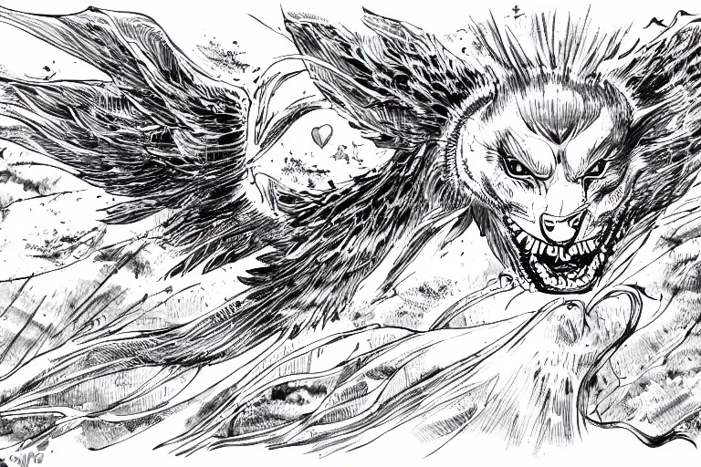 Image similar to angelic winged lioness flying in outer space, black and white ink on paper, thick outlines, 8k high quality detailed art, trending on art station, super wide angel, manga art, by Eiichiro Oda