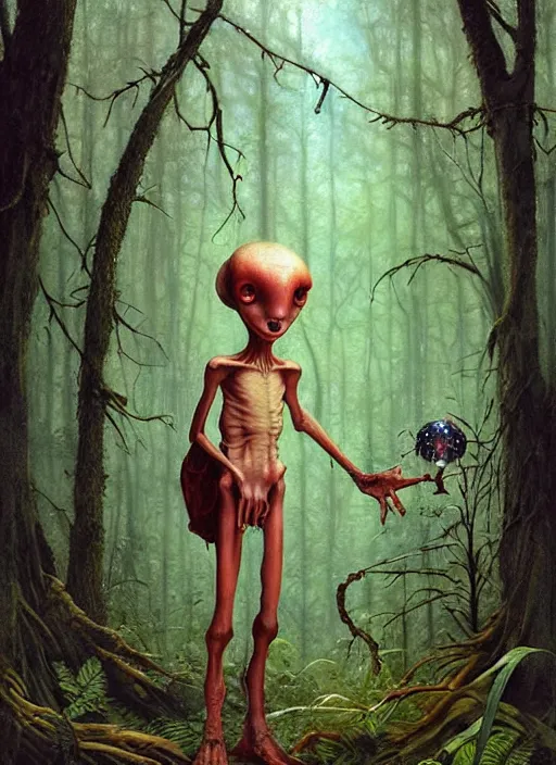 Image similar to cute alien in the woods by a river gorgeous lighting, lush forest foliage blue sky a hyper realistic painting by chiara bautista and beksinski and norman rockwell and greg rutkowski, tom bagshaw weta studio, and lucasfilm