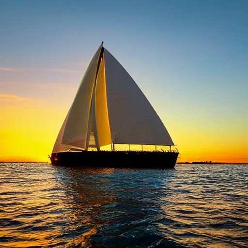 Image similar to the sydney operah house as a giant sailboat in the ocean with a beautiful sunset