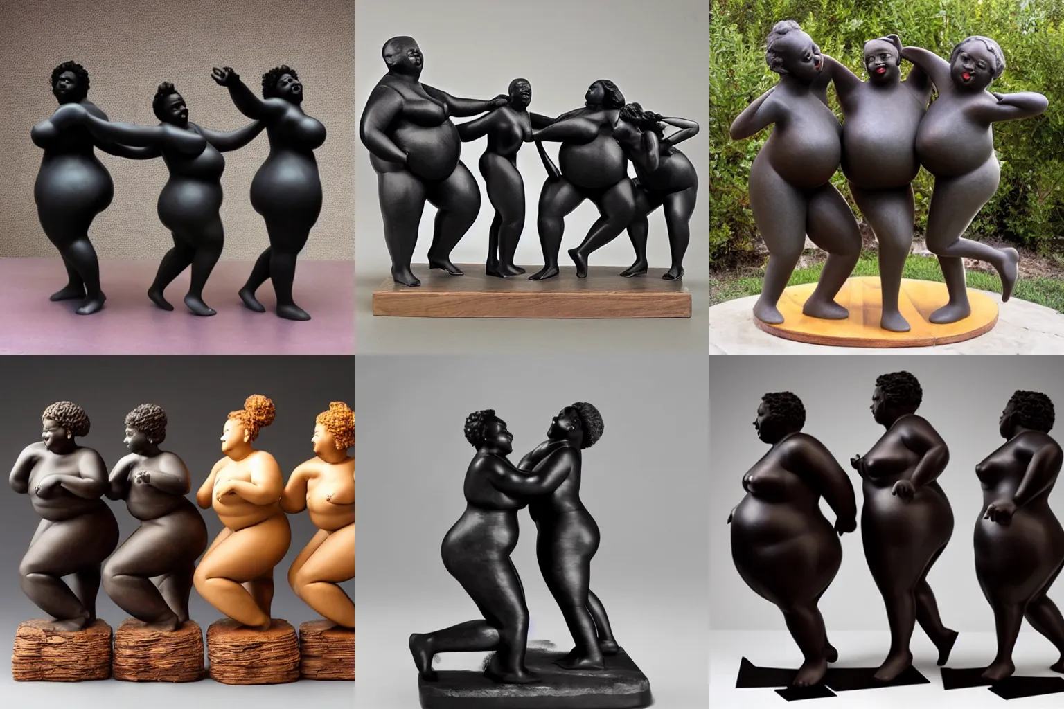 Prompt: sculpture of 3 beautiful fat black people dancing together sensuously