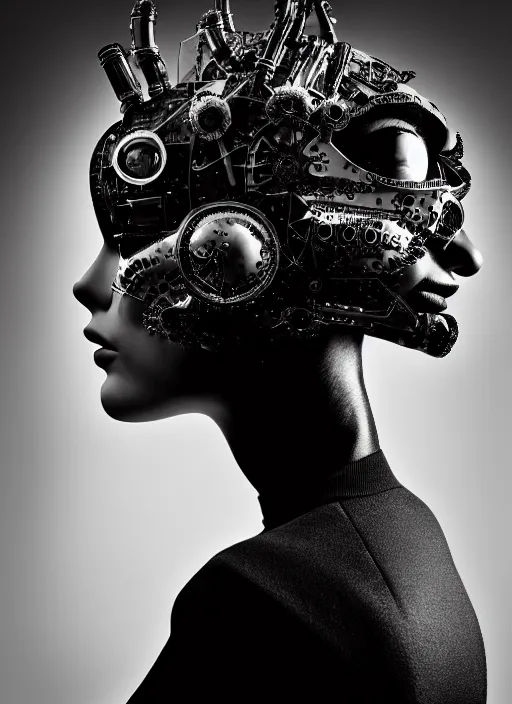 Image similar to profile portrait, a stunning young woman - cyborg with a mutant crow head, editorial photography, bw, by hans bellmer, shot on 7 0 mm, depth of field, f / 2. 8, high contrast, 1 6 k, volumetric lighting, shiny, insanely detailed and intricate, hypermaximalist, elegant, ornate