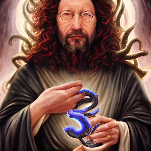 Prompt: a detailed fantasy character painting of Klaus Schwab holding a black glowing snake, devil horns, dressed like Jesus Christ, by lauri blank, artgerm, evelyn de morgan, 8K, 50mm lens