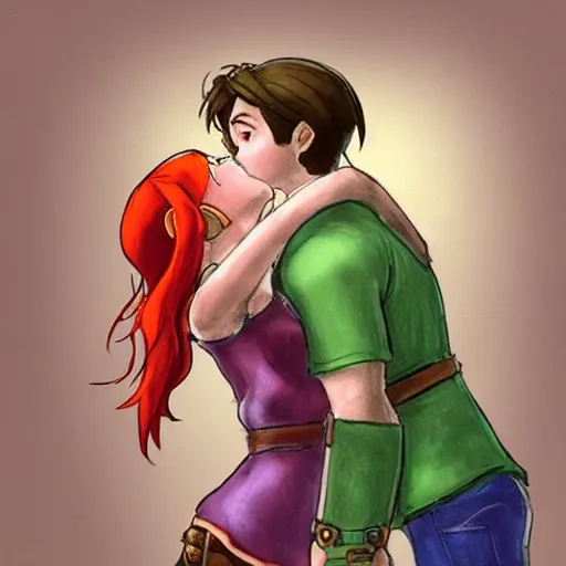 Image similar to female link and malon kissing, concept art