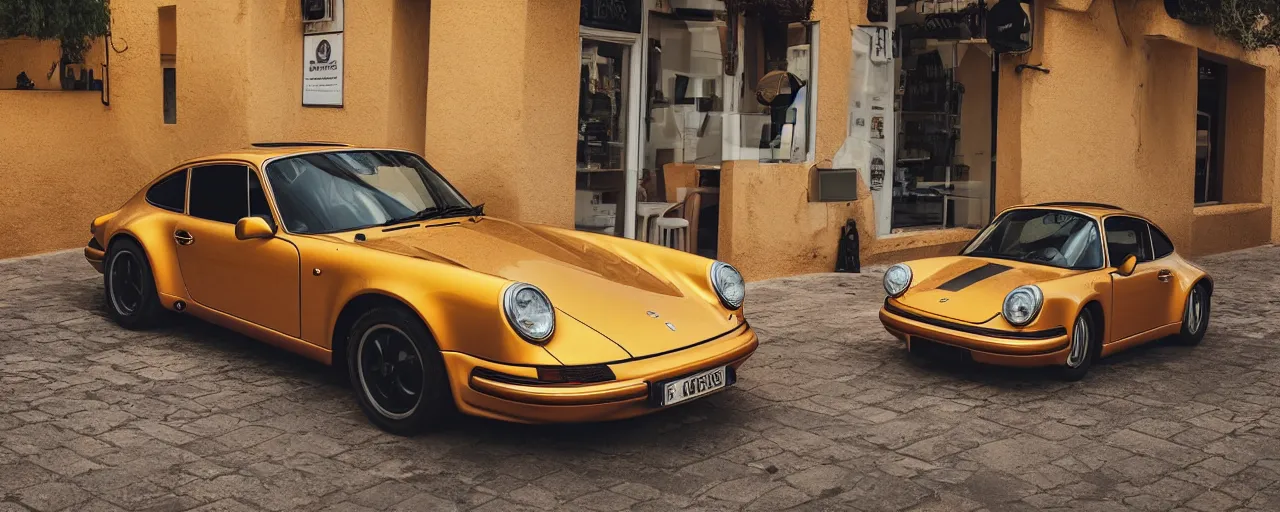 Prompt: Photo of a copper yellow Porsche 911 Carrera 3.2 parked in front of a cafe in Cyprus, daylight, dramatic lighting, award winning, highly detailed