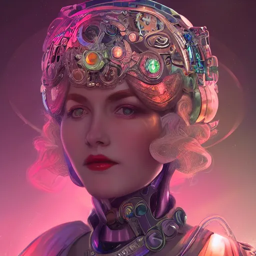 Prompt: portrait futuristic queen elizabeth steampunk half - cyborg, neon light rooftop, fantasy, intricate and very very beautiful and elegant, highly detailed, digital painting, artstation, concept art, smooth and sharp focus, illustration, art by tan zi and ayanamikodon and alphonse mucha and wlop
