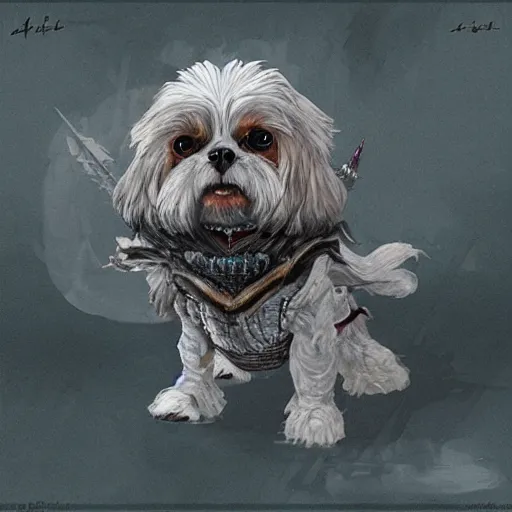 Image similar to intricate painting of a shih tzu as a mighty dark souls boss, concept art