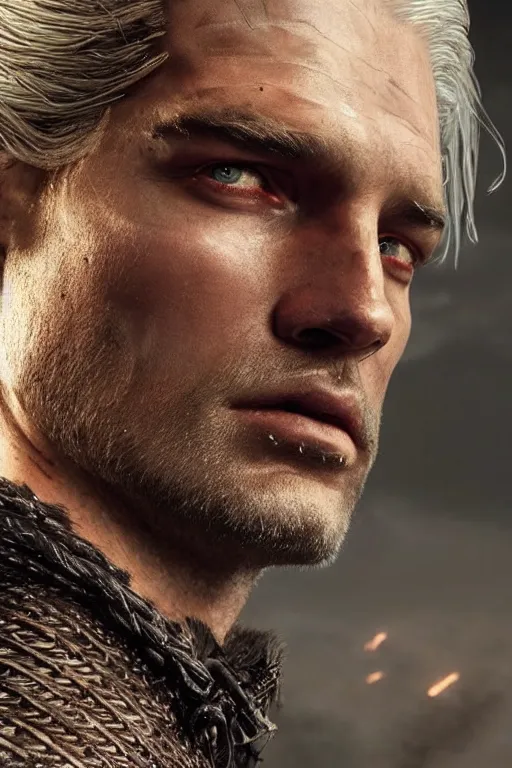 Image similar to the witcher, josh holloway face!!!, masterpiece, white hair, highly detailed face, ultra realistic, concept art, intricate details, highly detailed, photorealistic, octane render, 8 k, unreal engine. horror film still, heavy grain, 3 5 mm, art by artgerm and greg rutkowski and alphonse mucha