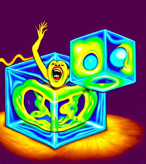 Prompt: biomorphic woman screaming with joy inside a gelatinous cube of aspic of electrons, in the style of aaron horkeyextremely, detailed masterpiece, atmospheric, shadowy, cinematic, digital art, 4 k