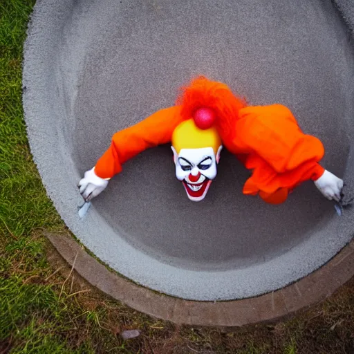 Image similar to it. clown with sharp teeth, red nose and orange hair smiling evilly from storm drain