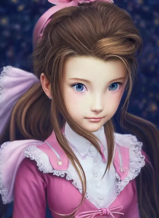 Prompt: elegant Aerith Gainsborough looks intently at you in wonder, dressed in school uniform. ultra detailed painting at 16K resolution and epic visuals. epically surreally beautiful image. amazing effect, image looks crazily crisp as far as it's visual fidelity goes, absolutely outstanding. vivid clarity. ultra. iridescent. mind-breaking. mega-beautiful pencil shadowing. beautiful face. Ultra High Definition. process twice.