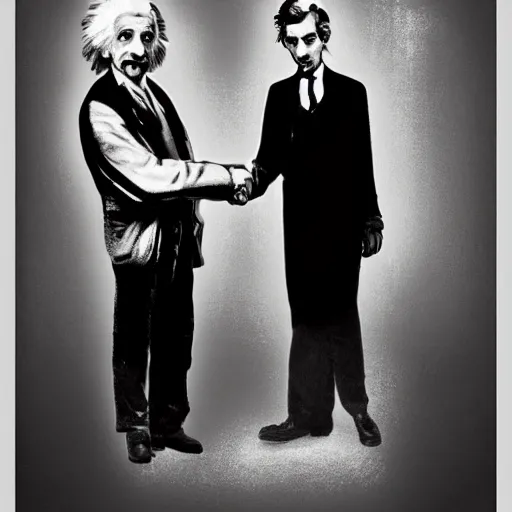 Prompt: arcane style art of the Albert Einstein and Nikola Tesla handshaking, digital art, 3d, movie shot, cinematic perspective, studio shot, Vibrant colors, Smooth gradients