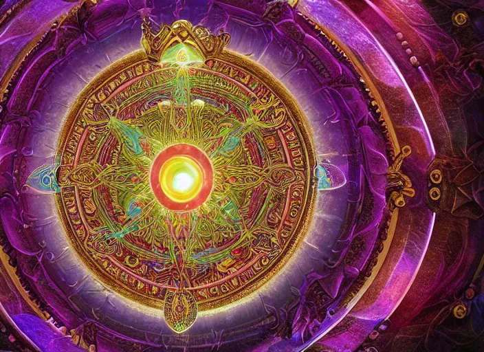 Image similar to hyperrealism, detailed textures, photorealistic 3 d render, a mystical wizard wearing a beautifully coloured tibetan kalachakra crystal mandala with sanskrit writing, sharp focus, ultra realistic, ultra high pixel detail, cinematic, intricate, cinematic light, concept art, illustration, art station, unreal engine 8 k