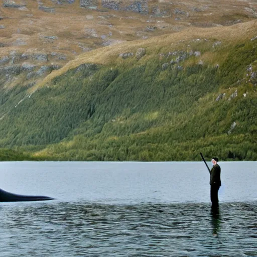 Image similar to Sir David Attenborough at a lake, with Loch Ness Monster Nessie plesiosaur in the water