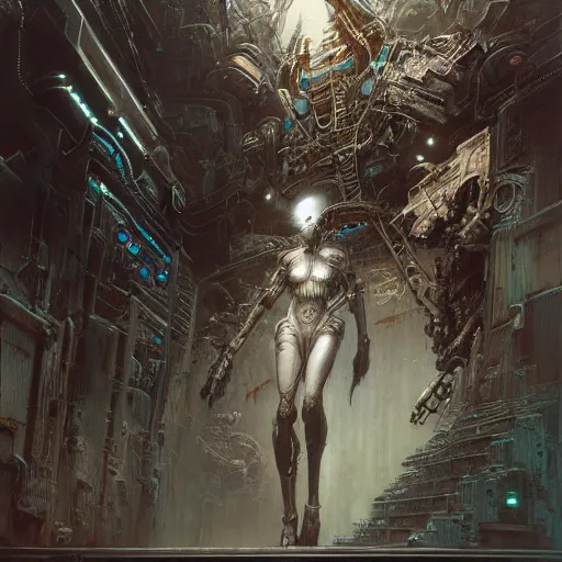 Image similar to biomechanical cyborg, cyberpunk noir by gustave dore and gustave moreau and beksinski and giger and craig mullins and jeremy mann