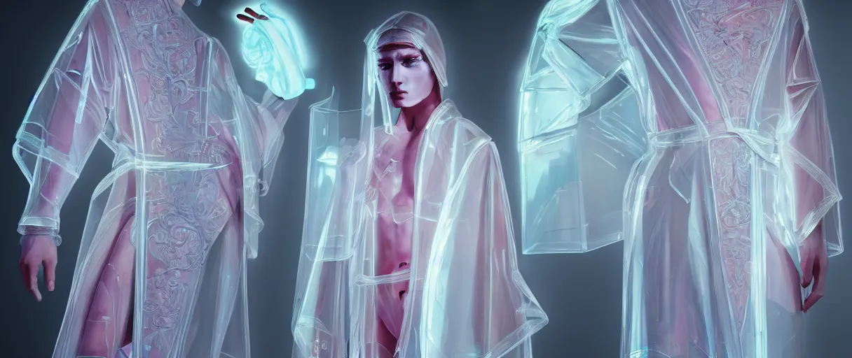 Image similar to hyperrealist highly detailed neo-baroque portrait of obscure high fashion warrior, intricate geometric translucent transparent see-through silk robes, concept art pascal blanche dramatic neon lighting 8k wide angle shallow depth of field