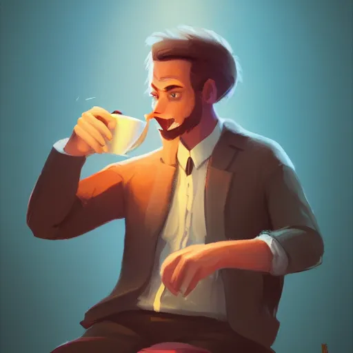 Image similar to a king drinking a cup of tea by christopher balaskas, trending on artstation, 8 k, highly detailed, digital painting