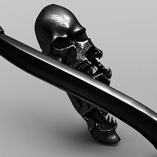 Image similar to a black sword skull handle, ornament, weapon, a 3 d render by dom qwek, studio lighting, front side view, trending on polycount, futurism, hard surface modeling, rendered in maya, 3 ds max, blender, artstation hd, vray