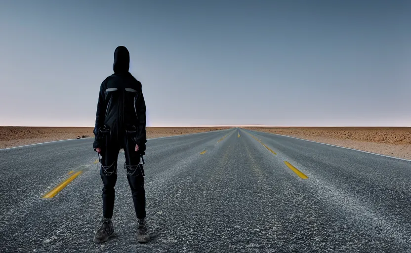 Image similar to photograph of a techwear woman alone, on a desert road with a futuristic city in the horizon, one point perspective, long exposure, 1-point perspective, tilt shift, sigma 85mm f/1.4, 4k, depth of field, high resolution, 4k, 8k, hd, full color
