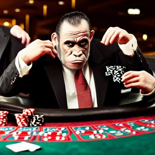 Prompt: a gorilla mobster playing poker at a casino table with other gorilla mobsters