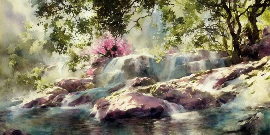 Prompt: abstract watercolor painting of wild waterfall, oak trees, rocky shore, sunshine, pastel!! pink accents, art by anders zorn, wonderful masterpiece by greg rutkowski, very very very beautiful cinematic light, american romanticism by greg manchess, creation by tyler edlin