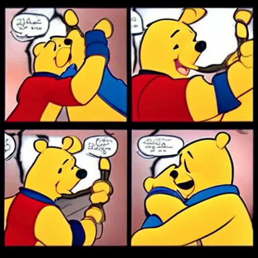 Prompt: winnie the pooh and gordon freeman hug each other after not seeing each other for a long time