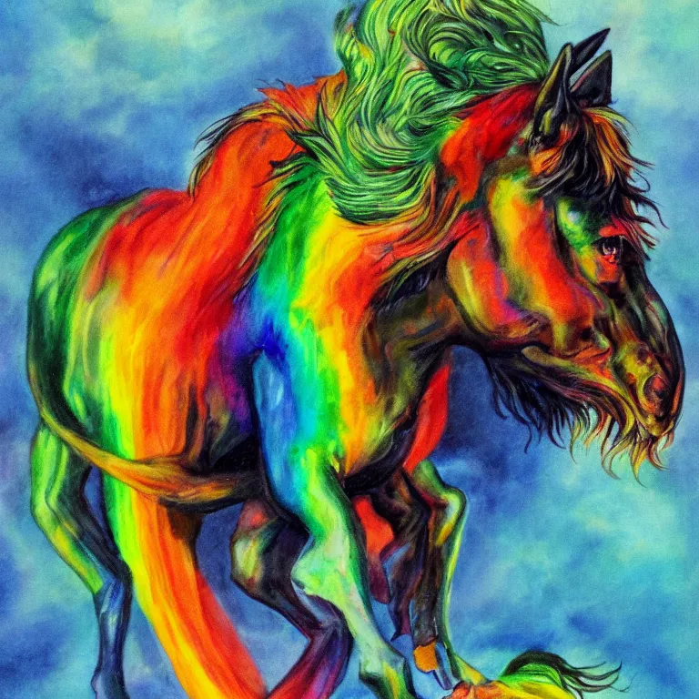 Prompt: fantasy portrait of a rainbow demon riding a black horse