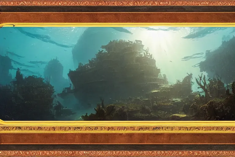 Image similar to a scenic landscaping view of the lost and abandoned city of Atlantic under water, ray of sunlight, whale fall, Greg Rutkowski, Moebius, Mohrbacher, Mucha, blue and gold color scheme, ultra wide angle, light effect