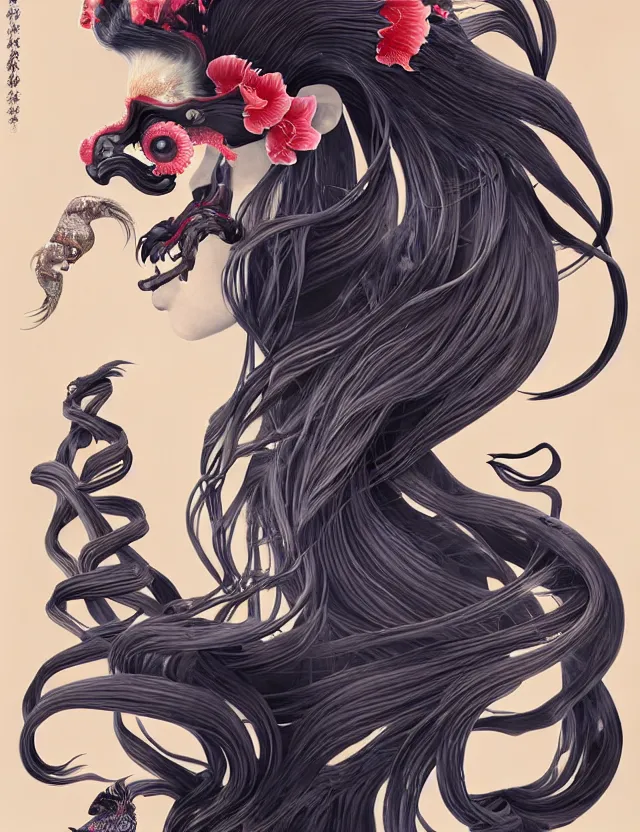 Image similar to 3 d slvic goddess half - turn portrait with long hair with ram skull. beautiful intricately detailed japanese crow kitsune mask and clasical japanese kimono. betta fish, jellyfish phoenix, bio luminescent, plasma, ice, water, wind, creature, artwork by tooth wu and wlop and beeple and greg rutkowski