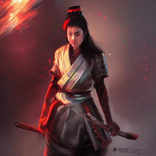 Image similar to beatiful female samurai in front of sparks and smoke in the style of Raymond Swanland, cinematic, artstation