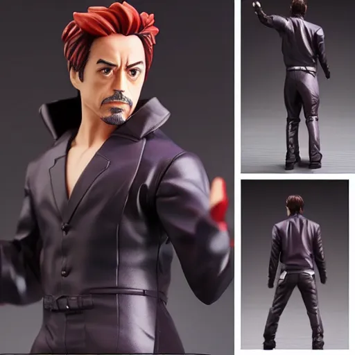 Prompt: robert downey junior as an anime statue, posable pvc figurine